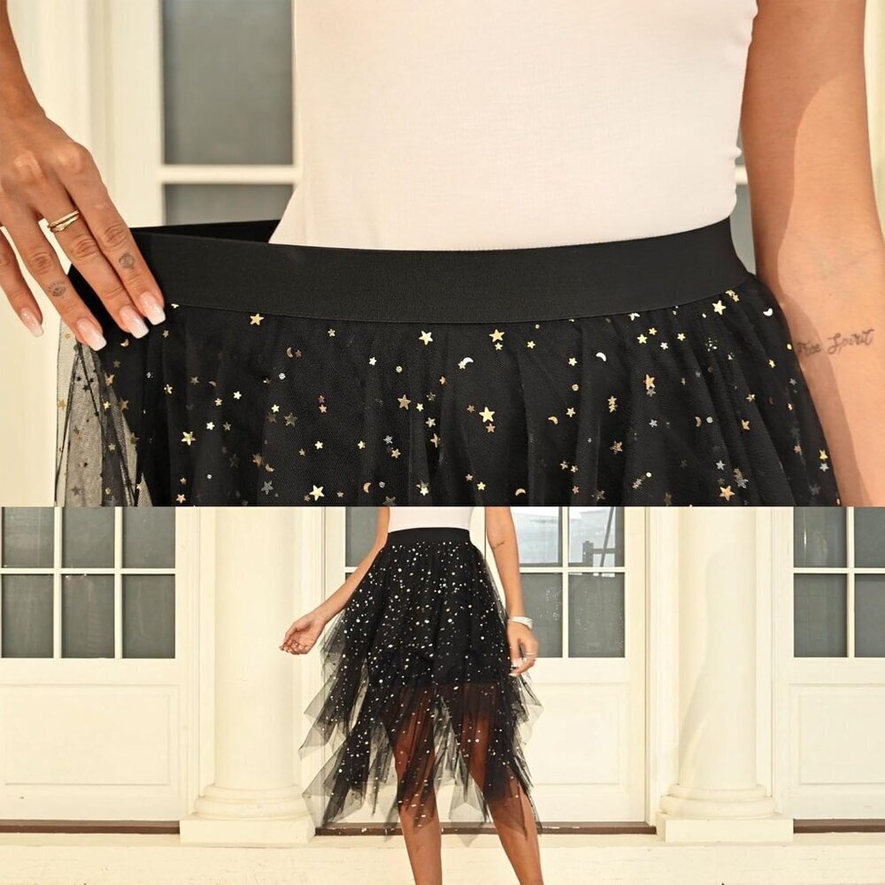 Tulle Sequin BlackSkirts for Women High Waist Elastic Midi Skirt Mesh Tutu Skirt - Picture 4 of 5